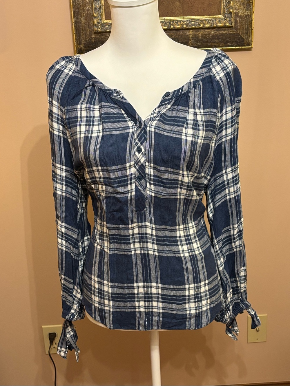 Blue Plaid Peasant Blouse - Women